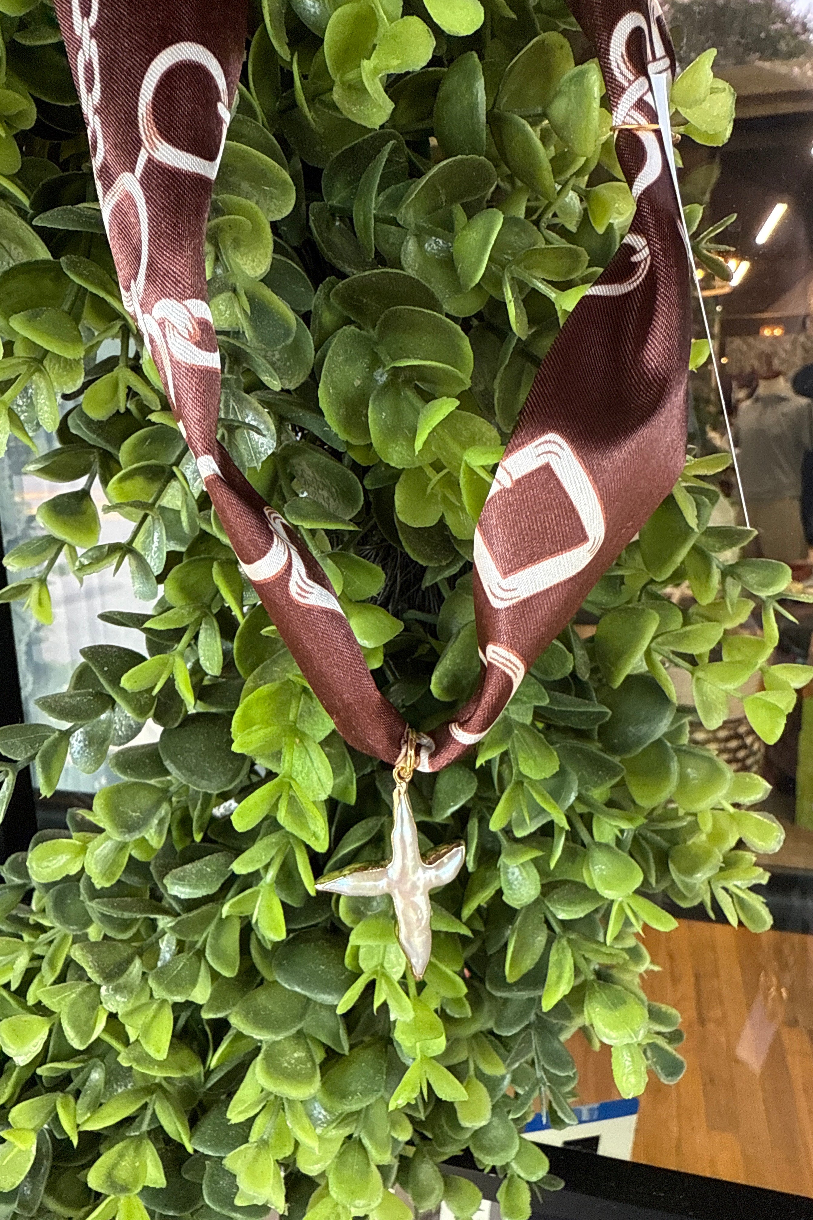 Marlowe Bespoke - Chocolate Scarf Necklace (Pearl Cross Charm)