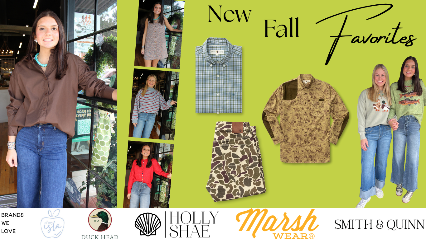 A promotional collage for fall fashion featuring multiple models wearing different outfits, alongside flat product shots of a plaid button-down shirt, a brown patterned sweater, and a leopard-print skirt. The layout includes the text 'New Fall Favorites' on a bright yellow-green background, with brand logos and model names along the bottom.