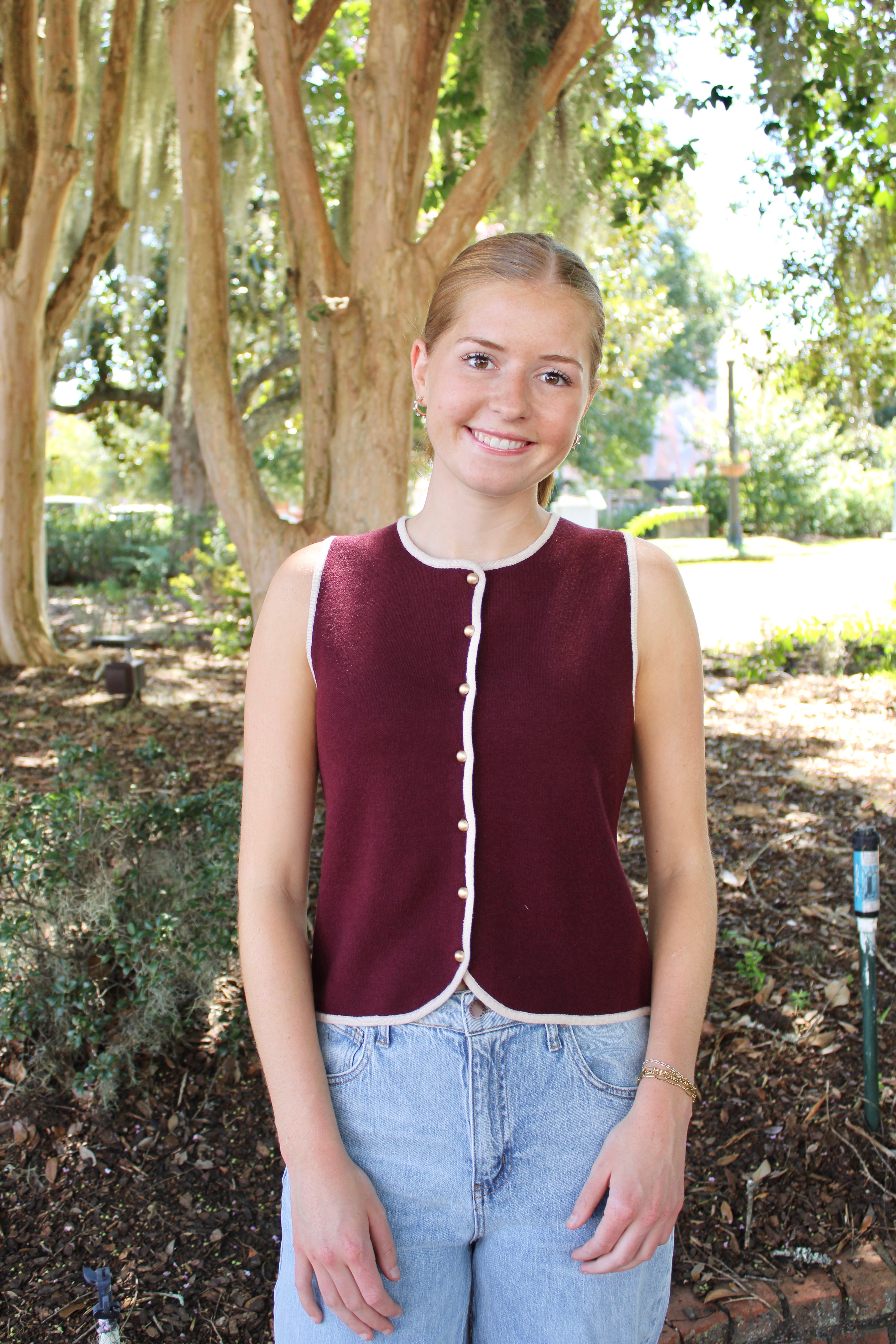 Camille Button Vest (Wine/Cream)