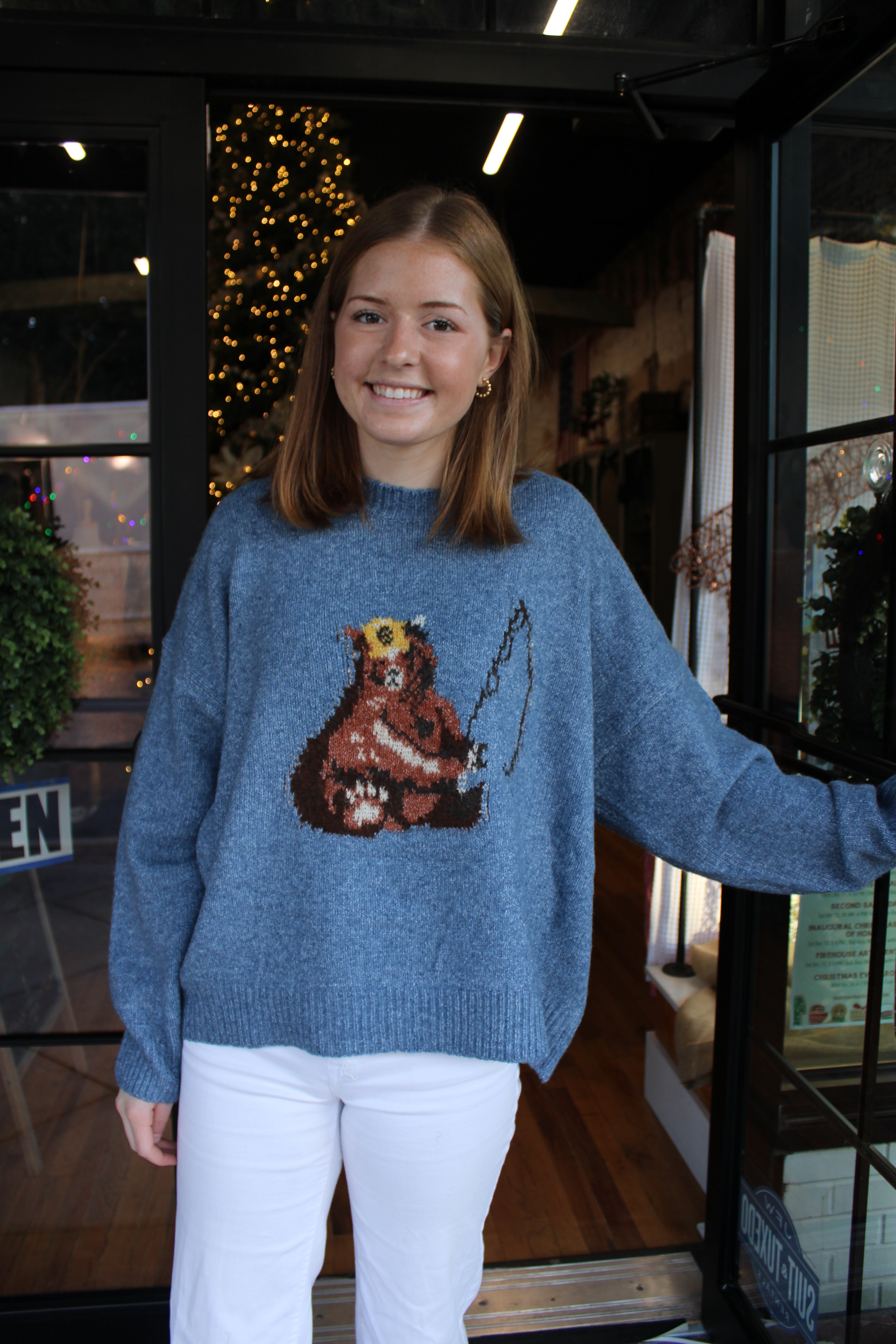 Fishing Bear Sweater (Antique Blue)