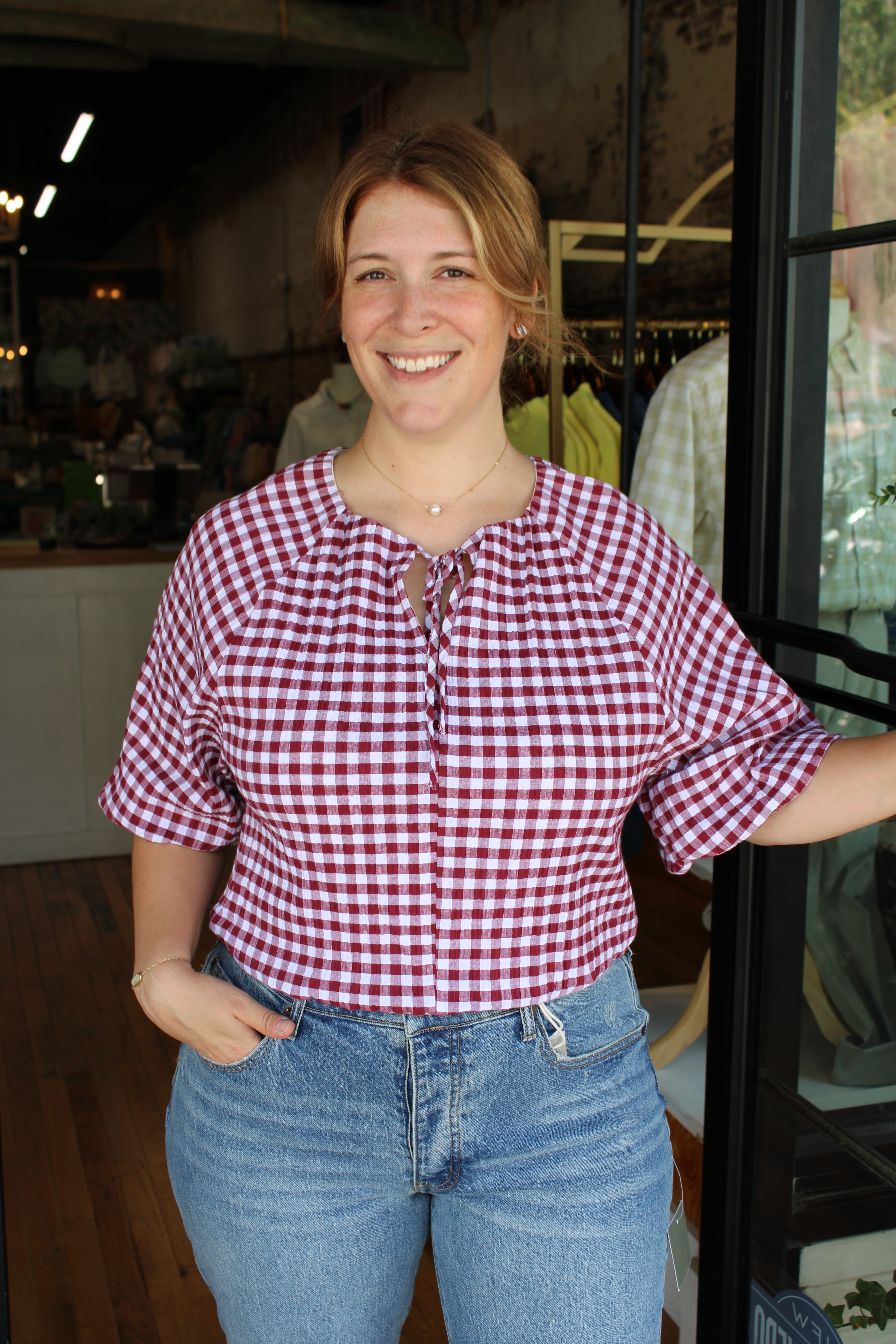 Tatum Top - Burgundy Seer Gingham