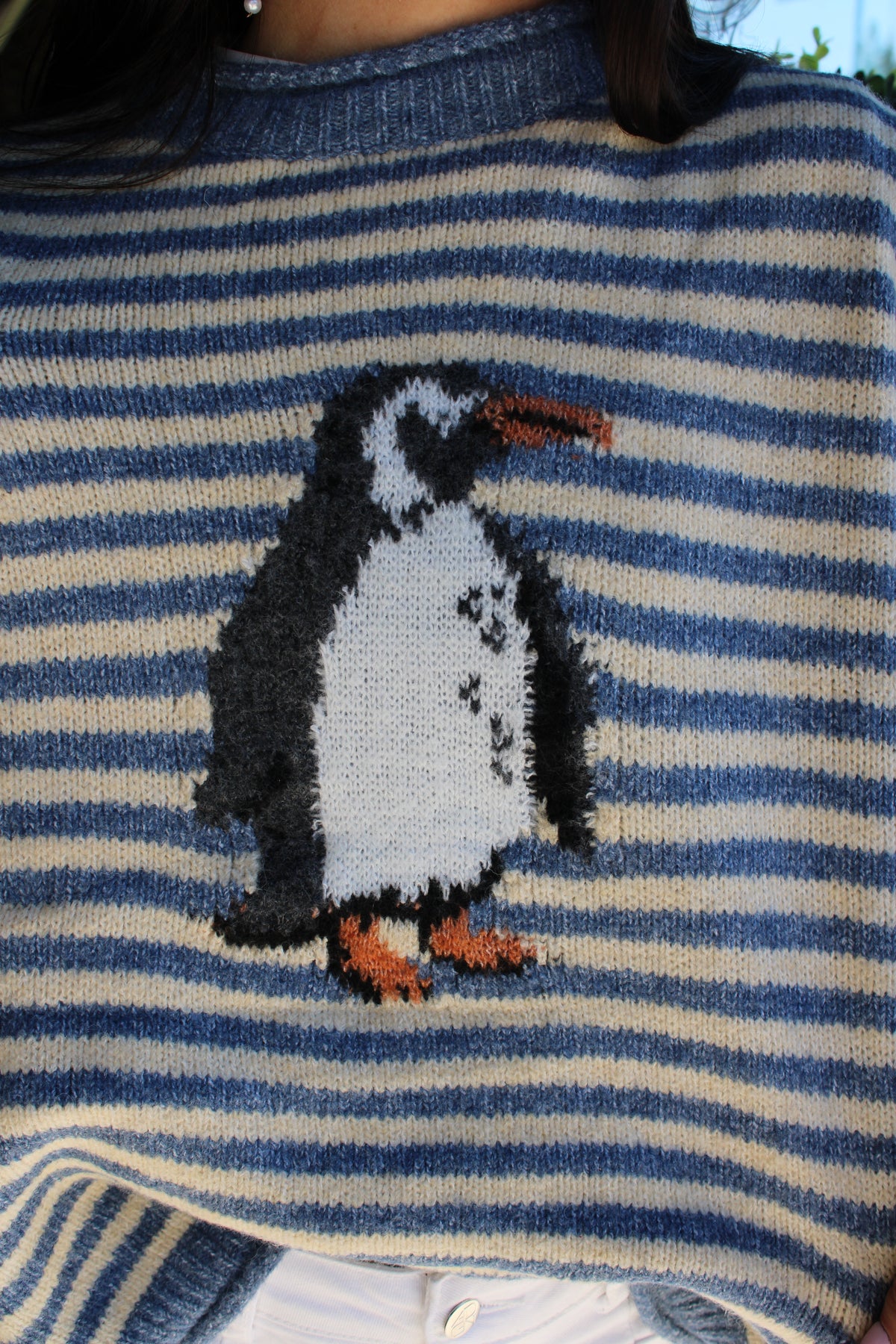 A close-up of a person wearing a blue and cream striped knit sweater with a knitted penguin design on the front.