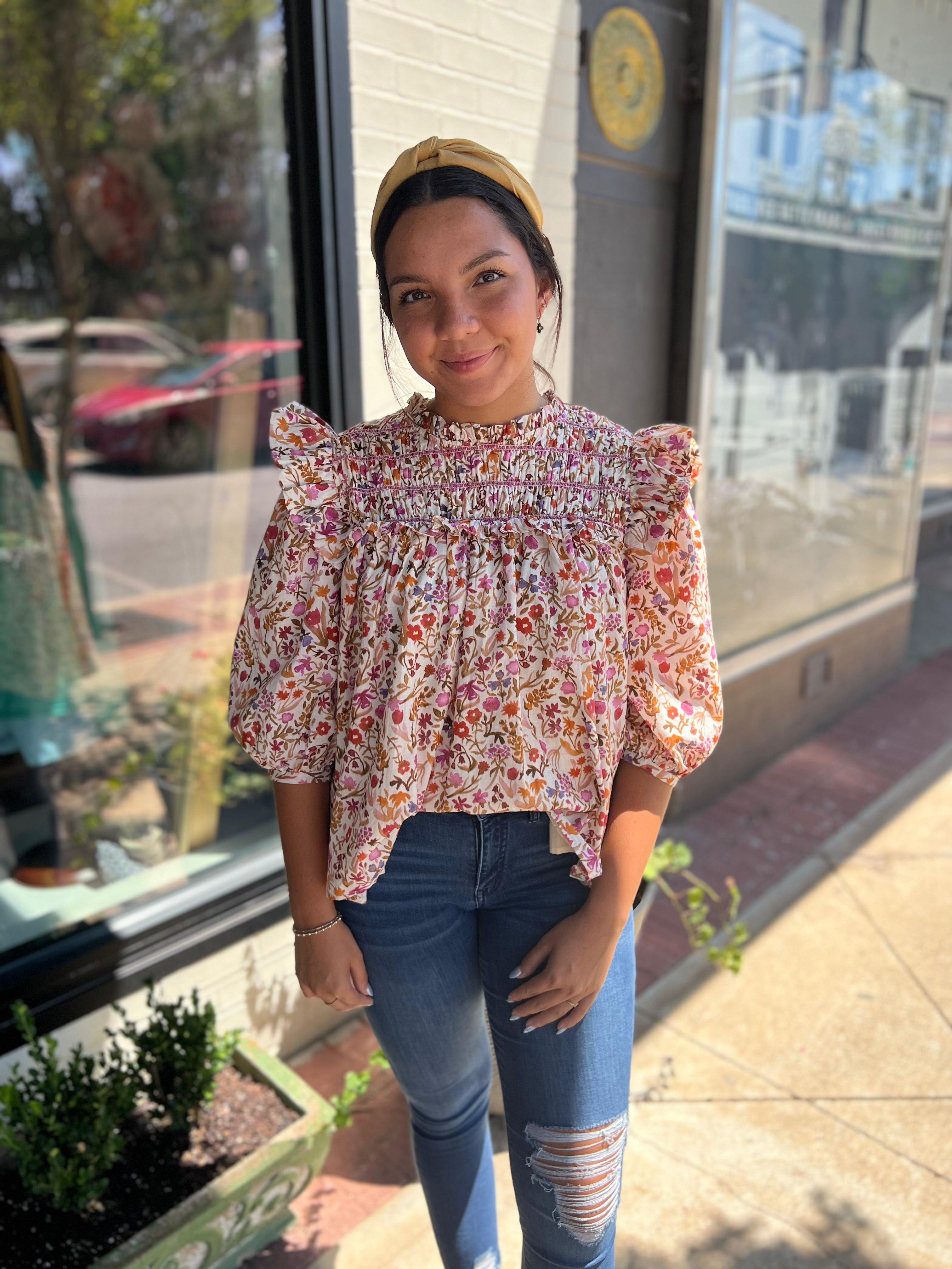 The Margaret Floral Ruffle Smocked Top