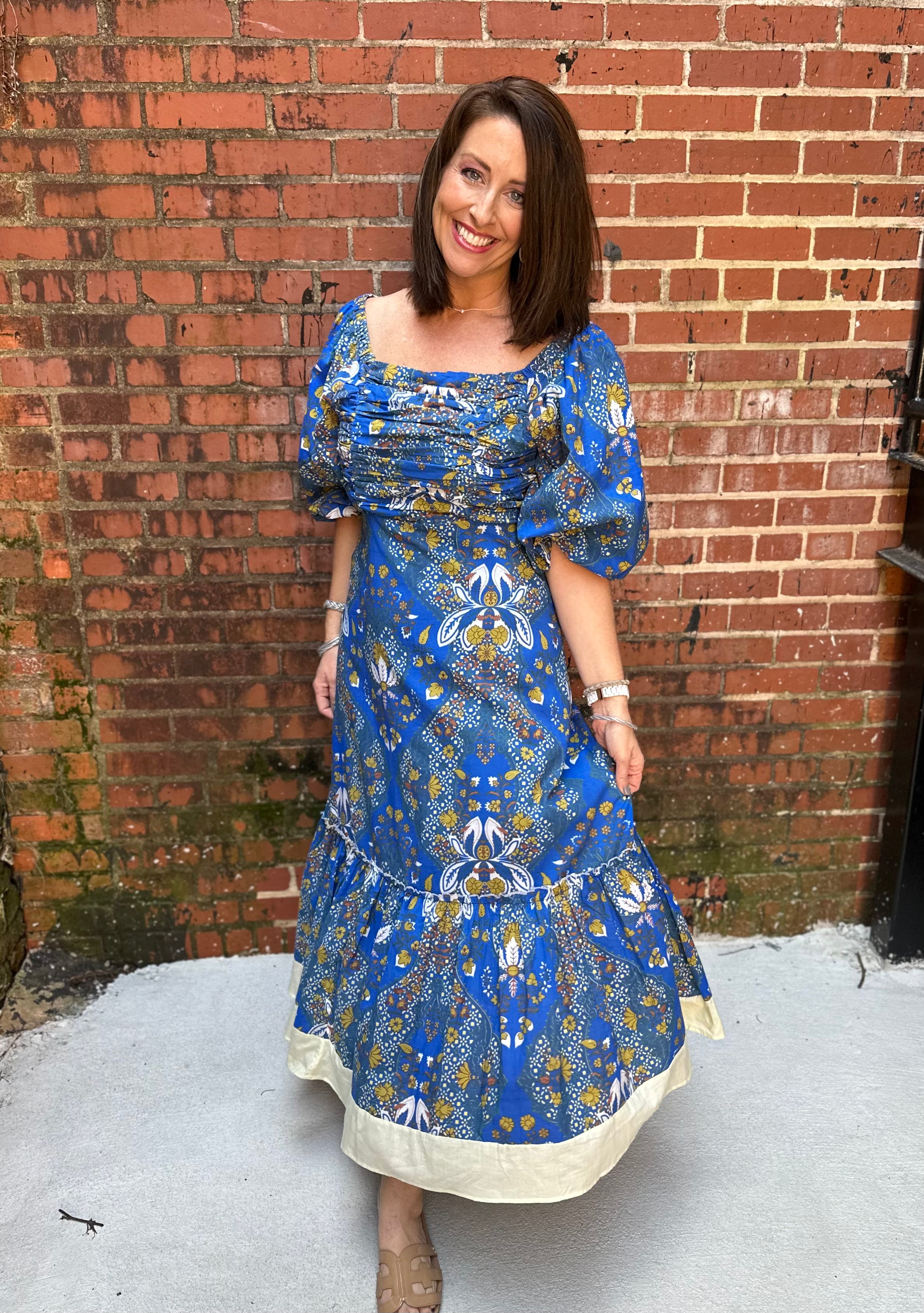 Alianna Midi Dress in Blue / Lime - Anna Cate