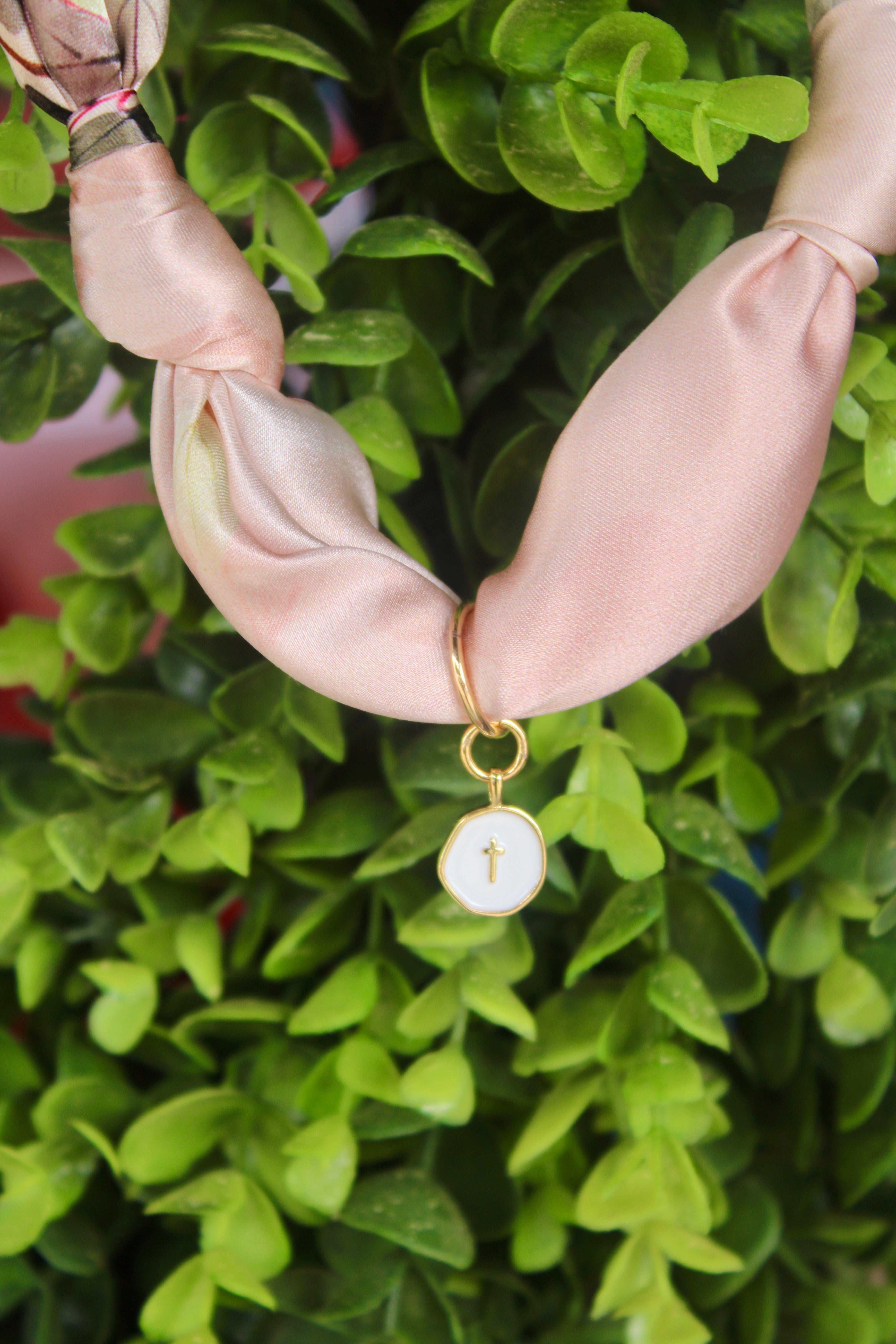 Blush Silk Scarf Necklace (Little Cross Charm)