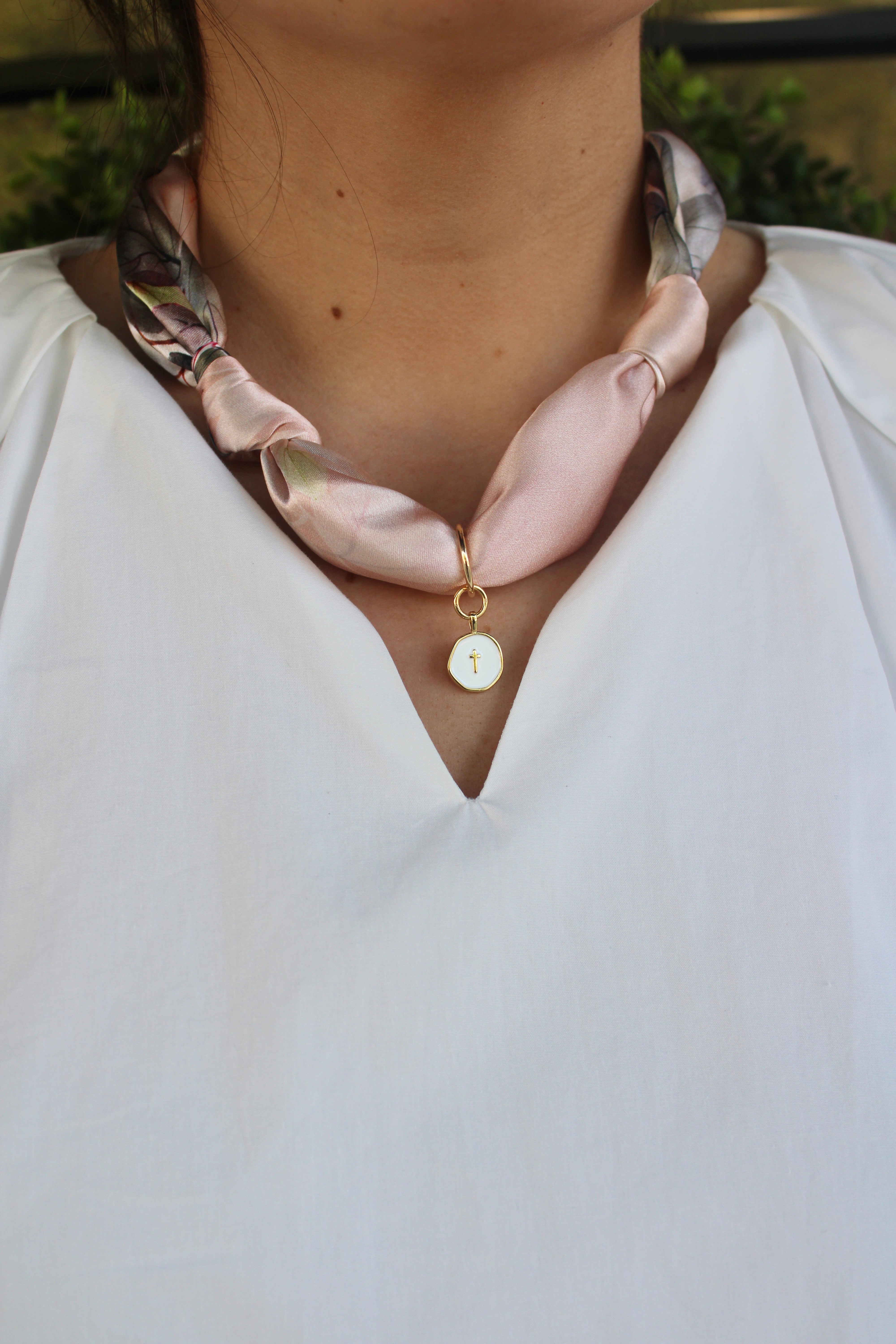 Blush Silk Scarf Necklace (Little Cross Charm)