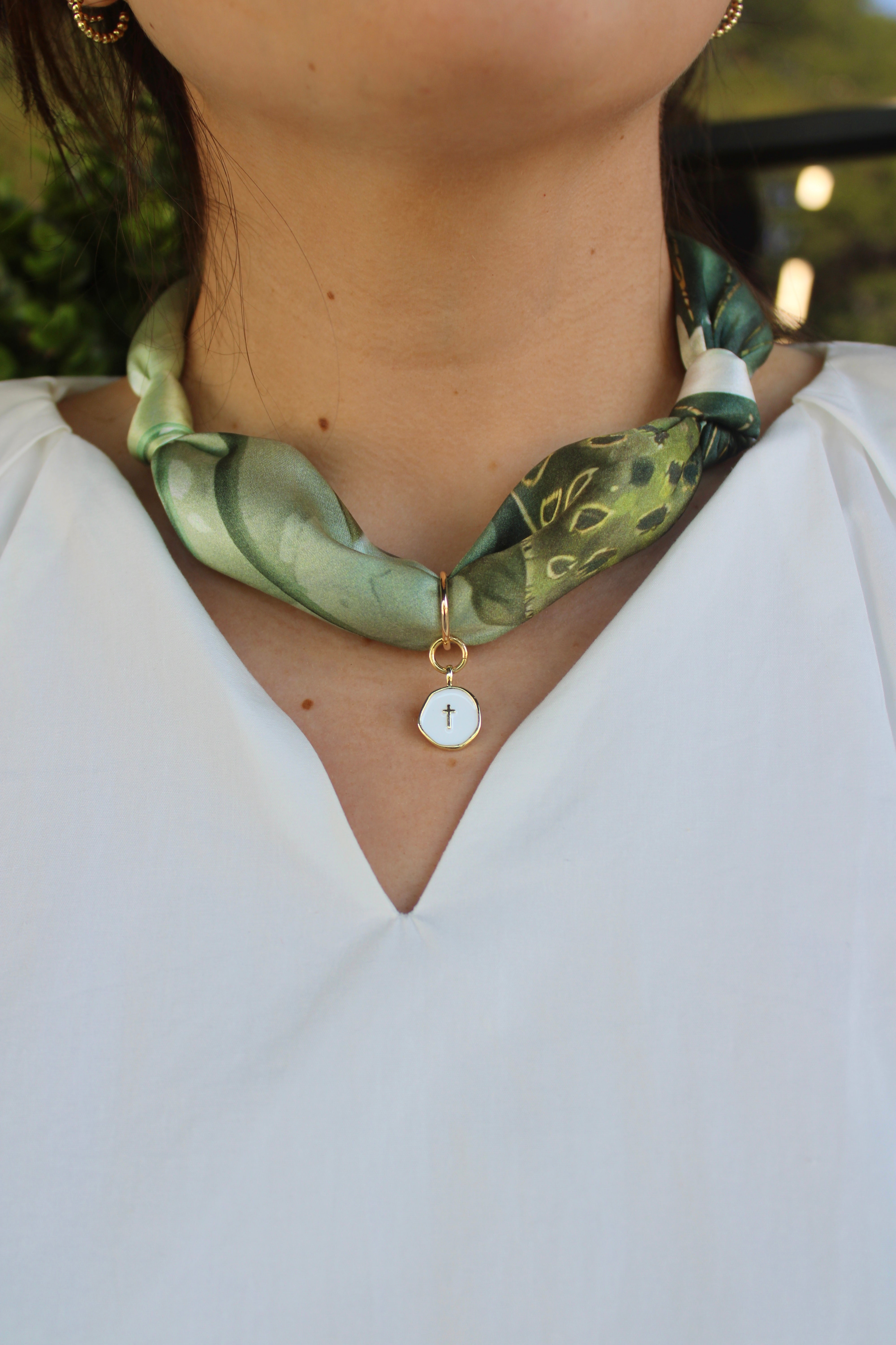 Green Silk Scarf Necklace (Little Cross Necklace)