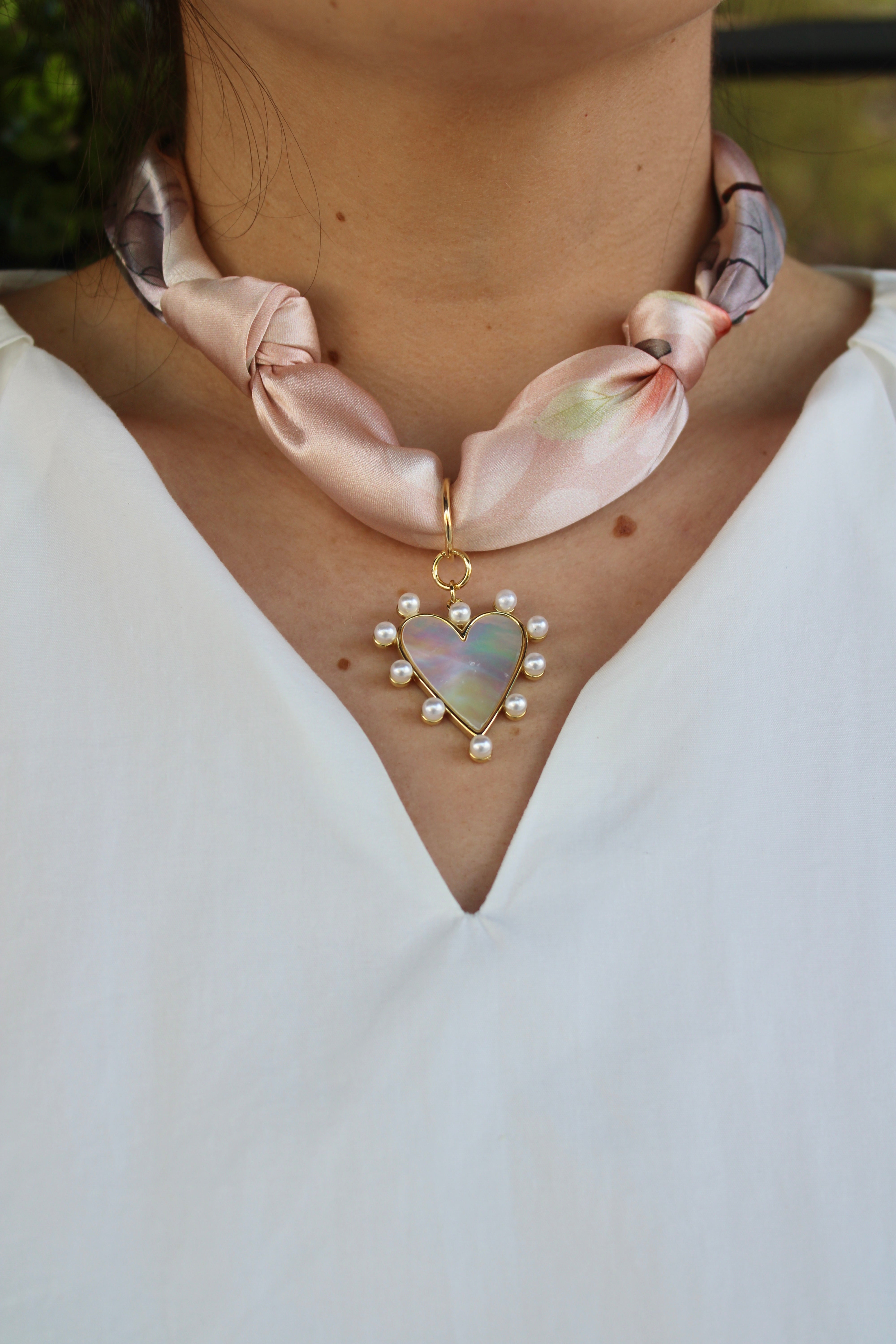 Blush Silk Scarf Necklace (Big Heart Charm)