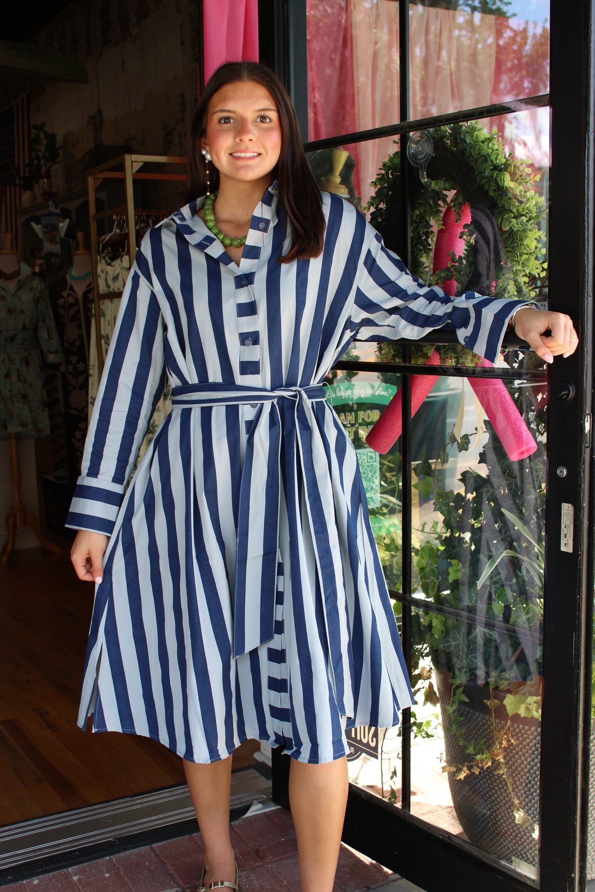 Navy and light blue Stripe Dress with functional buttons down the front