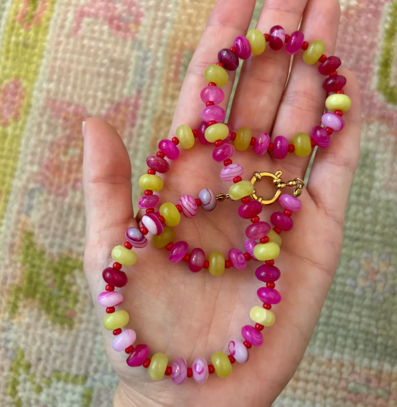 Holly Necklace Pink and Chartreuse Stone - TKC