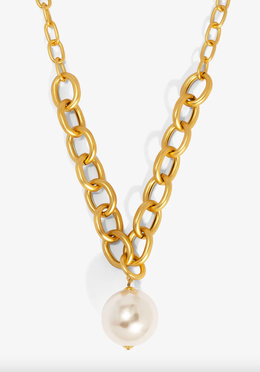 Vioroo Oval Link Pearl Charm Collar Necklace - Matte Gold