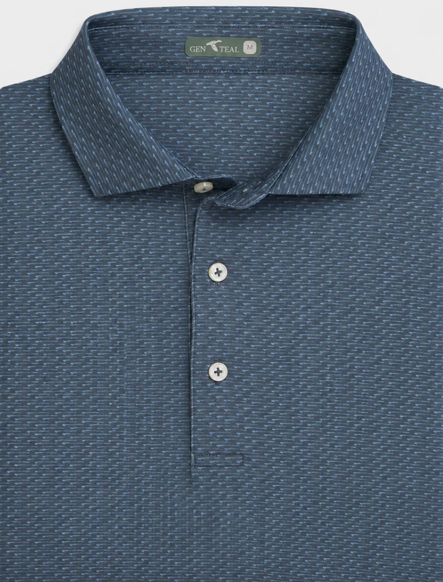 Dark blue polo with light blue small reels on a white background.