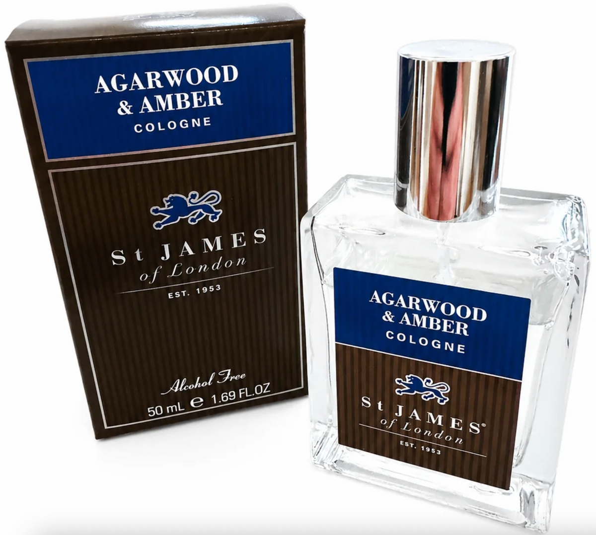St James of London Agarwood & Amber Cologne 50ml bottle with its original packaging box, shown on a clean white background.