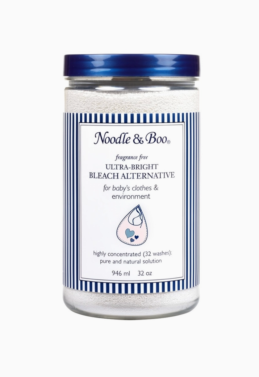 A jar of Noodle & Boo Ultra-Bright Bleach Alternative for baby clothes and environment, featuring a white label with navy blue stripes and a dark blue lid, set against a plain white background.