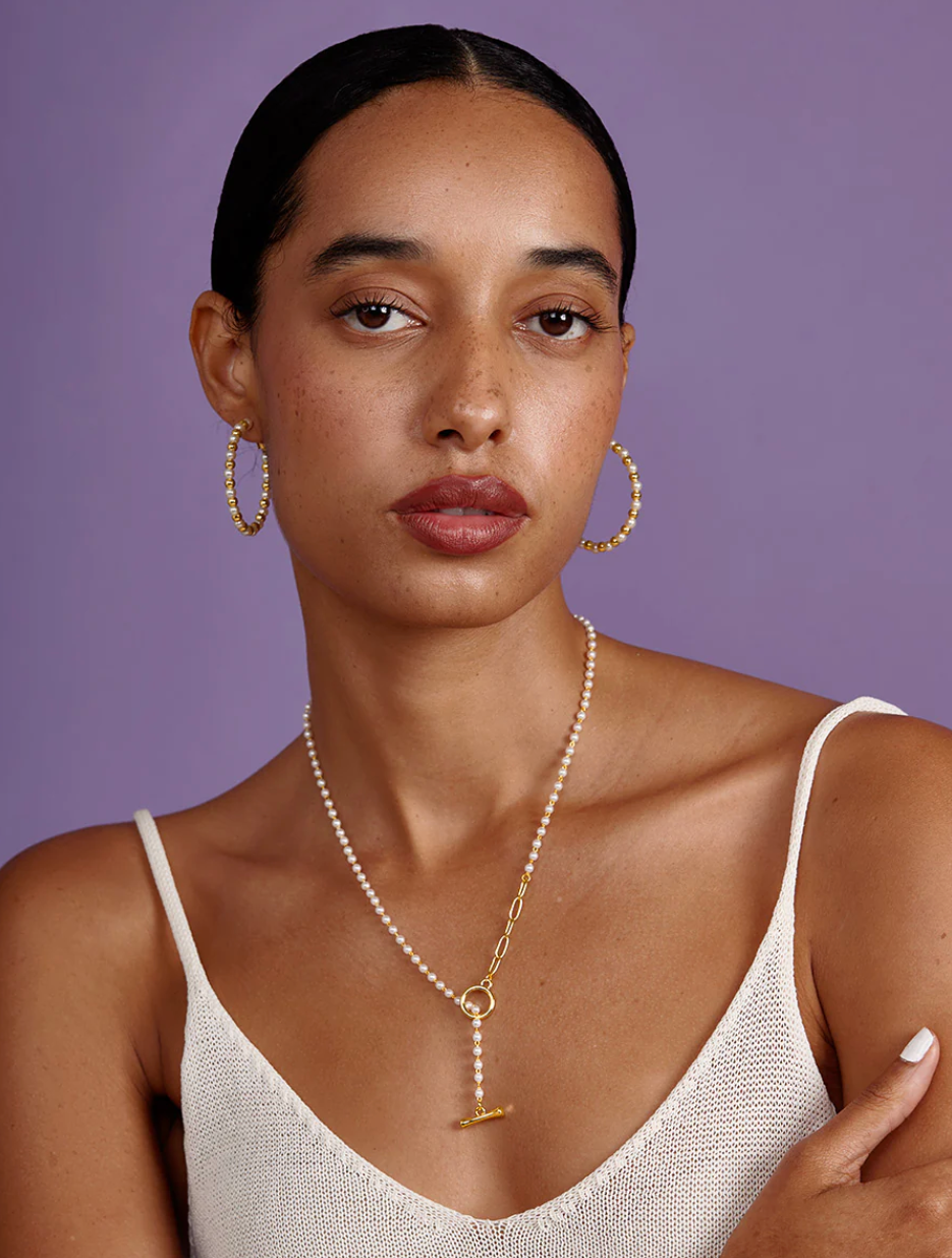 Vioroo Petite Pearl Link Toggle Necklace - Gold