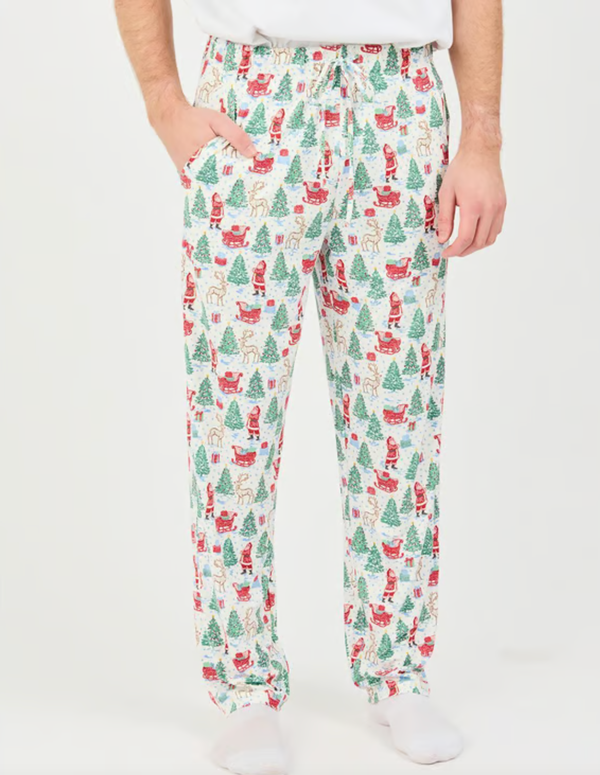 Christmas-themed men's pajama pants on a white background