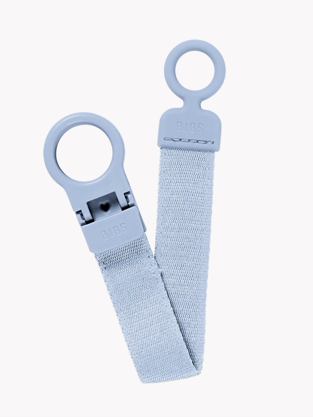 A light blue BIBS baby strap with a woven fabric body and matching plastic clips, shown on a clean white background.