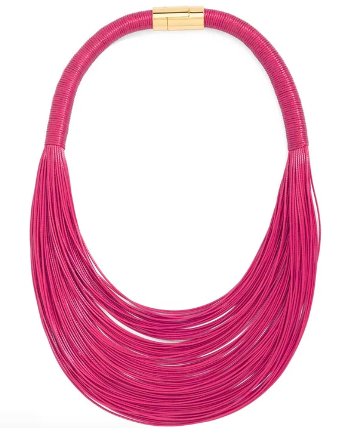 A multi-strand statement necklace in a vibrant magenta pink, featuring a gold-tone clasp at the top, displayed on a clean white background.