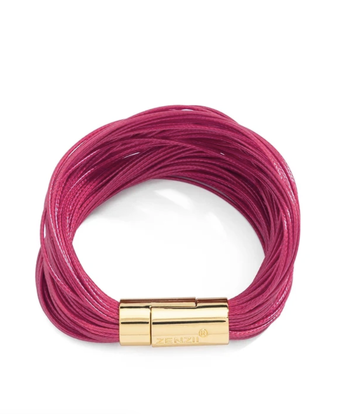A multi-strand magenta pink cord bracelet with a polished gold magnetic clasp, shown on a clean white background.