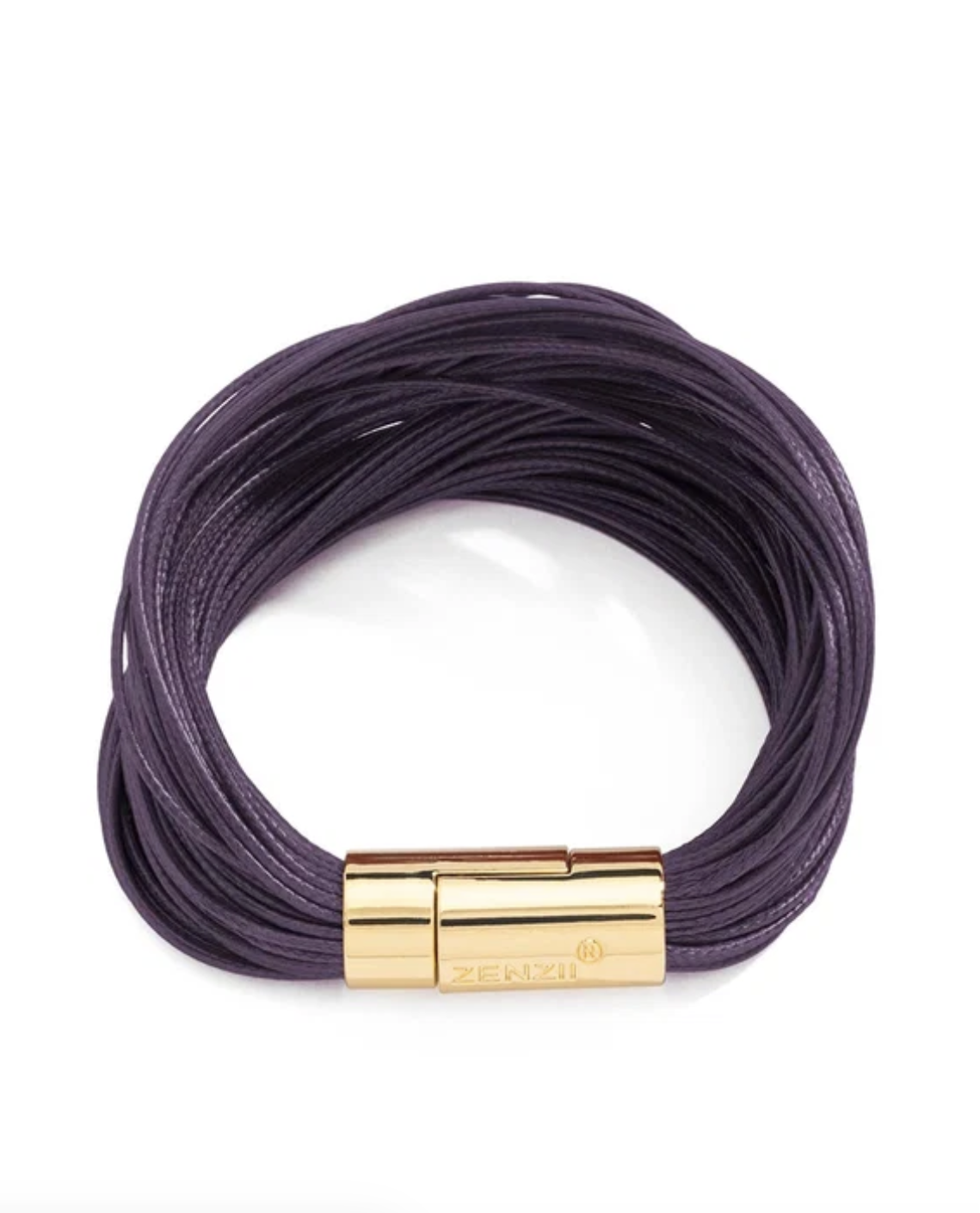 A multi-strand purple cord bracelet with a polished gold magnetic clasp, shown on a clean white background.