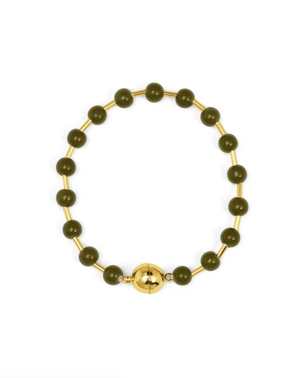 A beaded bracelet featuring olive green round beads spaced along a gold-tone metal band, with a larger polished gold sphere accent at the front, set against a plain white background.