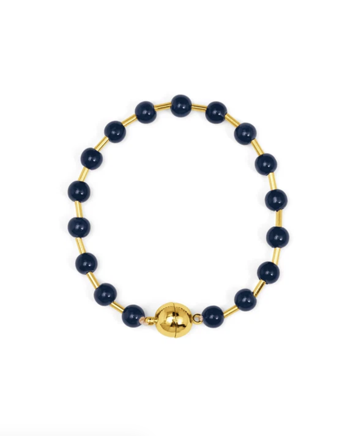 Navy Glass Beaded Bracelet with gold spacers and a gold magnet closure