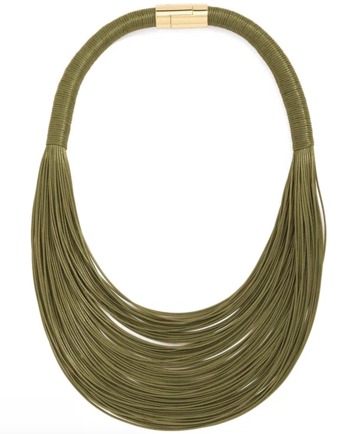 An olive green multi-strand statement necklace with a gold clasp, displayed against a solid white background.