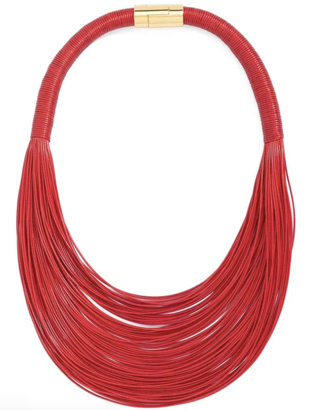 A multi-strand statement necklace in vibrant red, featuring a gold-tone clasp at the top, displayed on a clean white background.