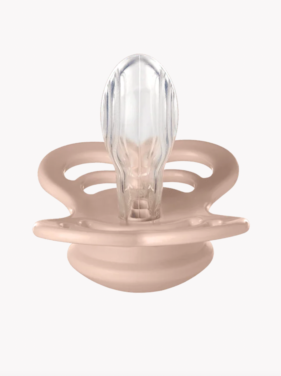 A baby pacifier with a clear ribbed silicone nipple and a dusty pink silicone shield, shown against a plain white background.