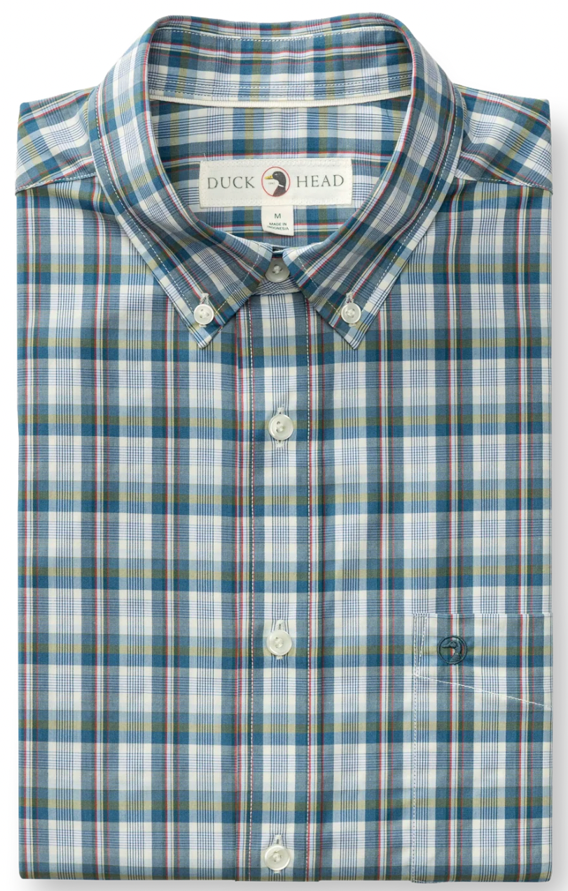 A folded long-sleeve plaid button-down shirt by Duck Head, featuring a blue, red, and yellow check pattern with a single chest pocket.