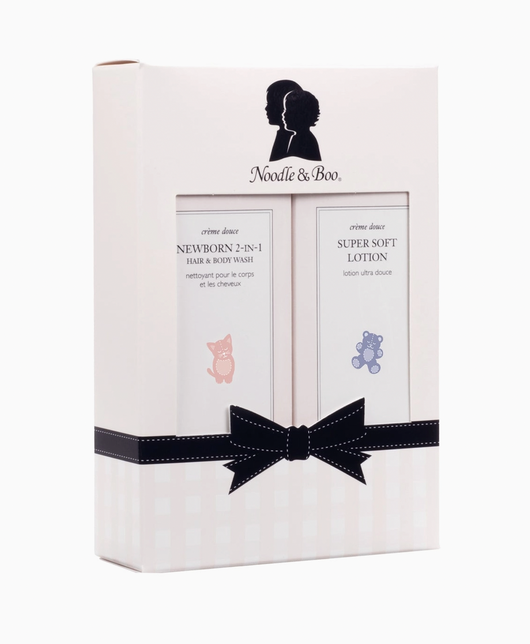 Noodle & Boo baby product set with two items inside a box, featuring a black ribbon.