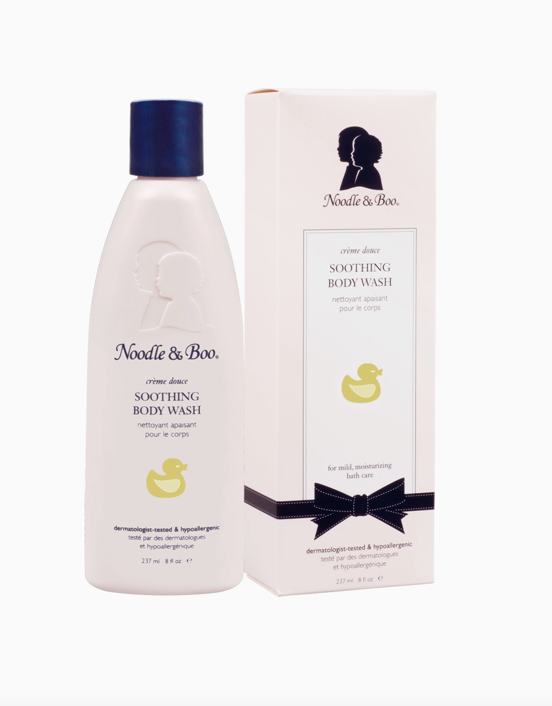 Noodle & Boo Soothing Body Wash bottle next to its white packaging box, featuring a navy blue cap and a yellow rubber duck graphic on a clean white background.