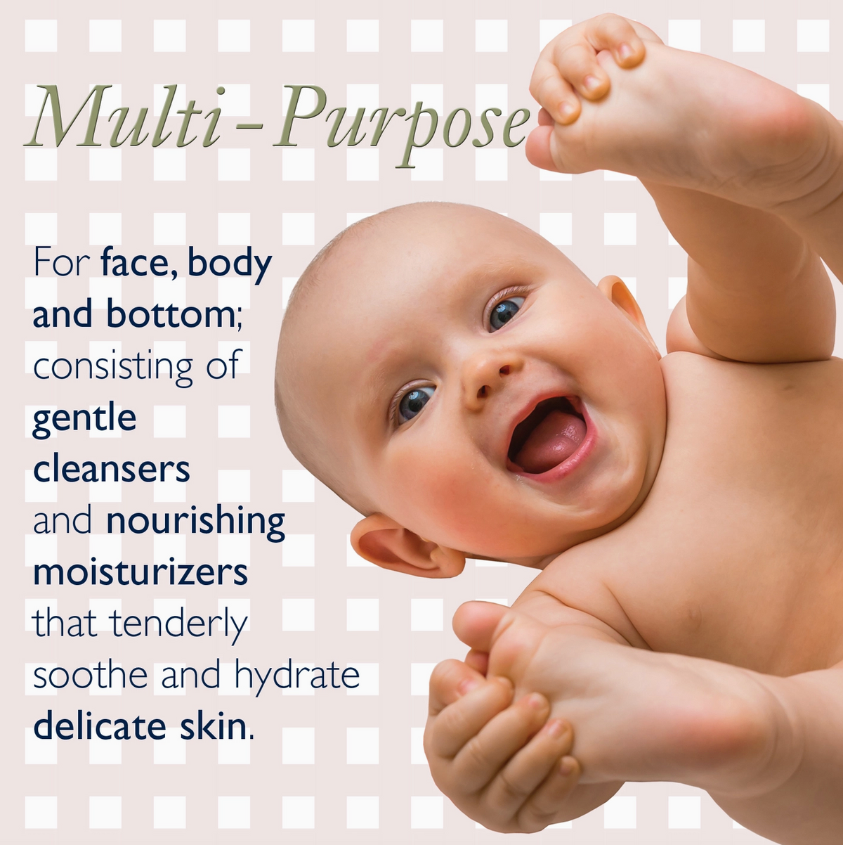 A smiling baby with blue eyes and an open mouth, posed against a light beige and white checkered background with text that reads 'Multi-Purpose' and describes gentle cleansers and moisturizers for face, body, and bottom.
