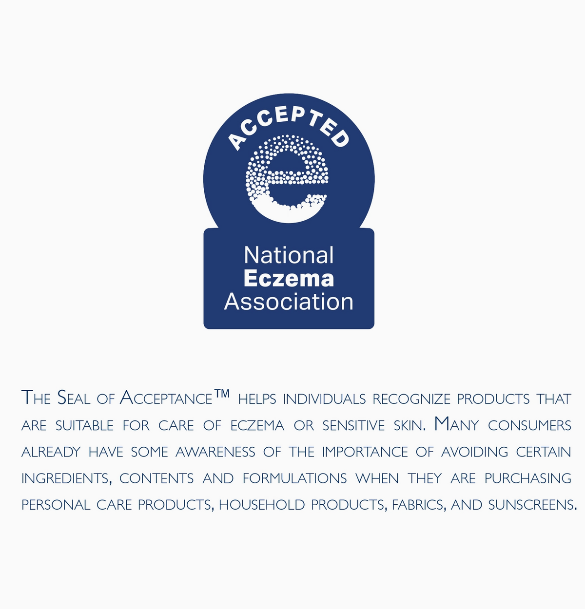 National Eczema Association Accepted Seal graphic on a light gray background, with descriptive text below explaining the seal's role in helping individuals recognize suitable products for eczema or sensitive skin.