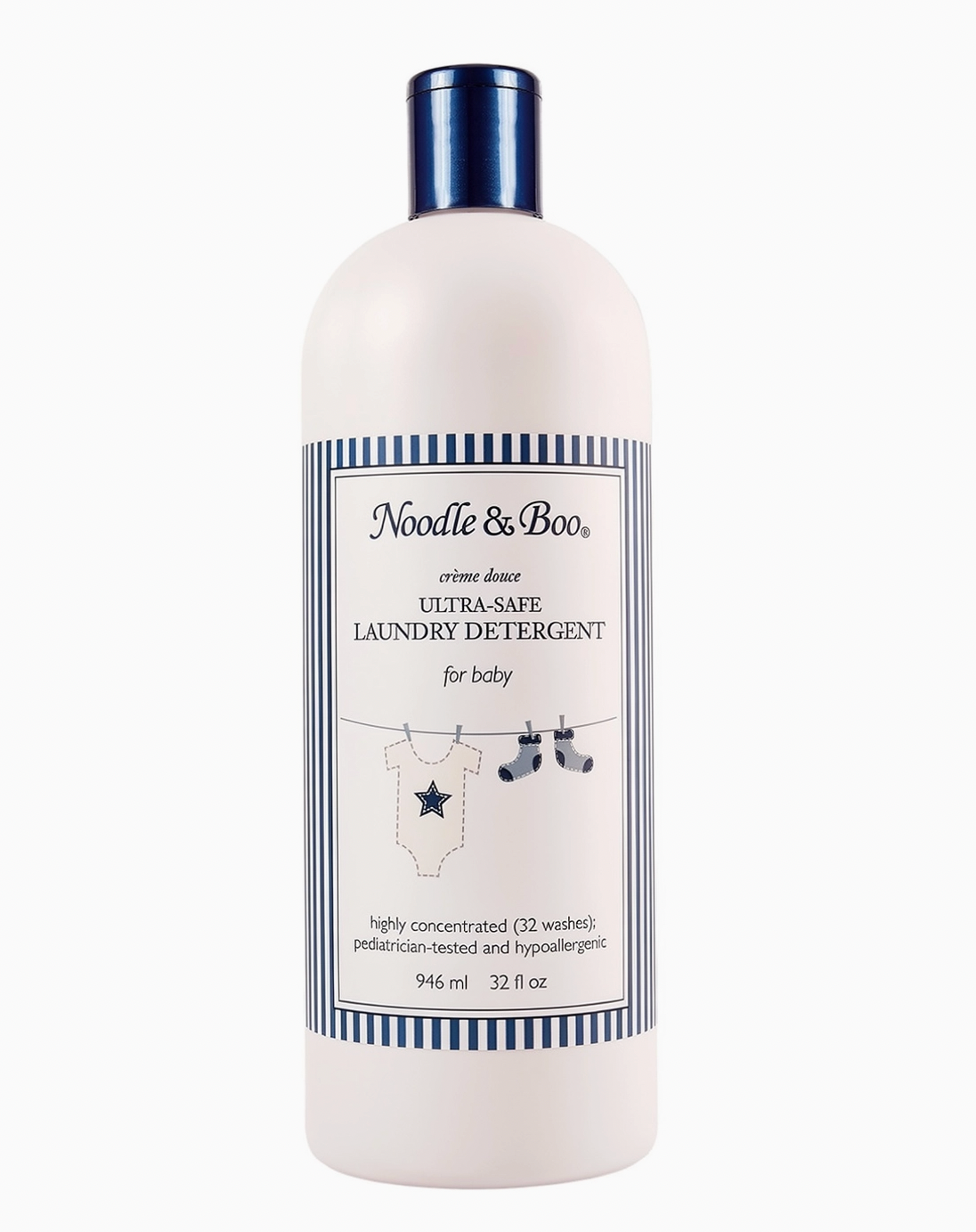 A 32 fl oz bottle of Noodle & Boo Ultra-Safe Laundry Detergent for baby, featuring a white bottle with a dark blue cap and a navy and white striped label.