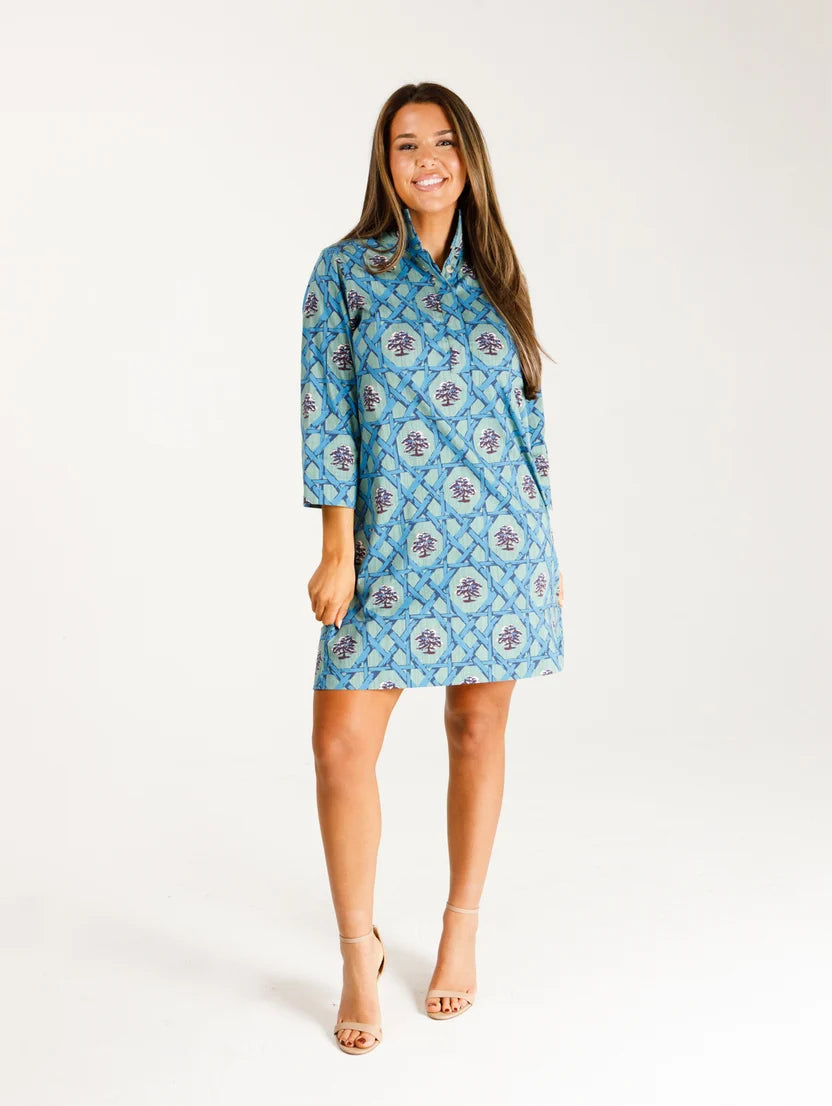 Woman wearing a short green dress with a blue cane pattern and oak trees