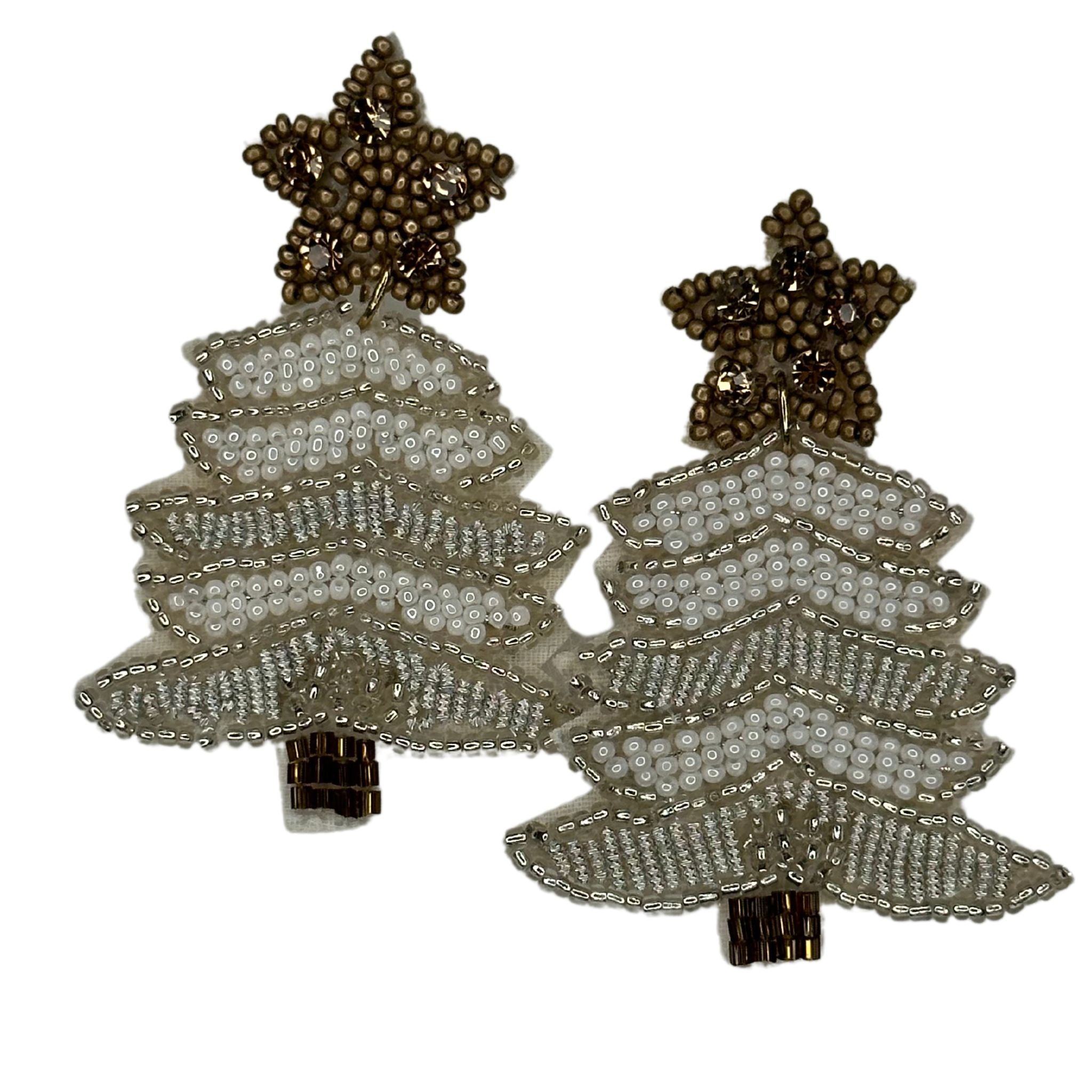 Beaded Christmas Tree Earrings - White