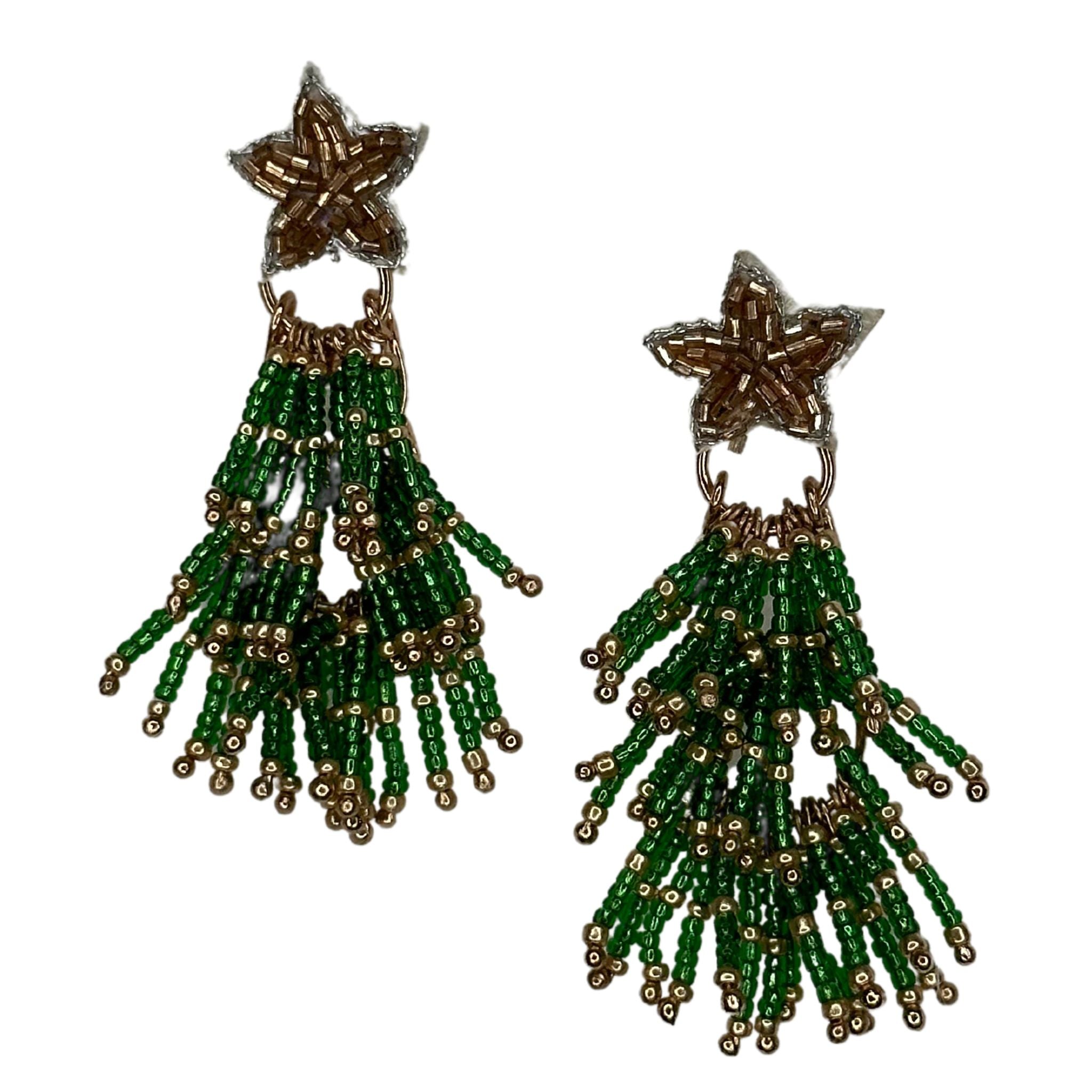 Christmas Tree & Star Tassel Earrings - Green