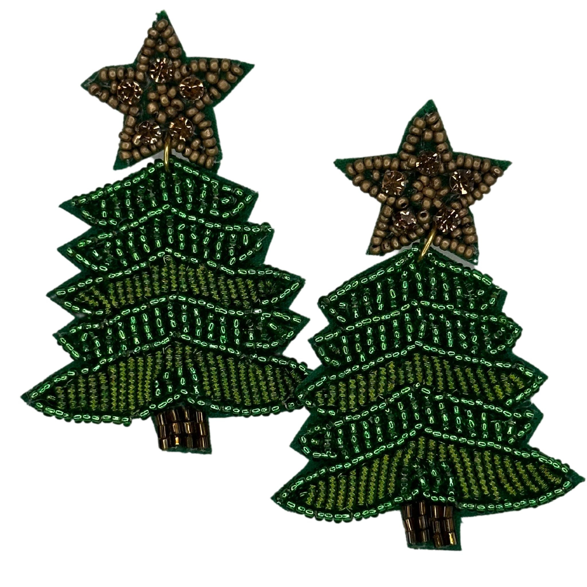 Beaded Christmas Tree Earrings - Green