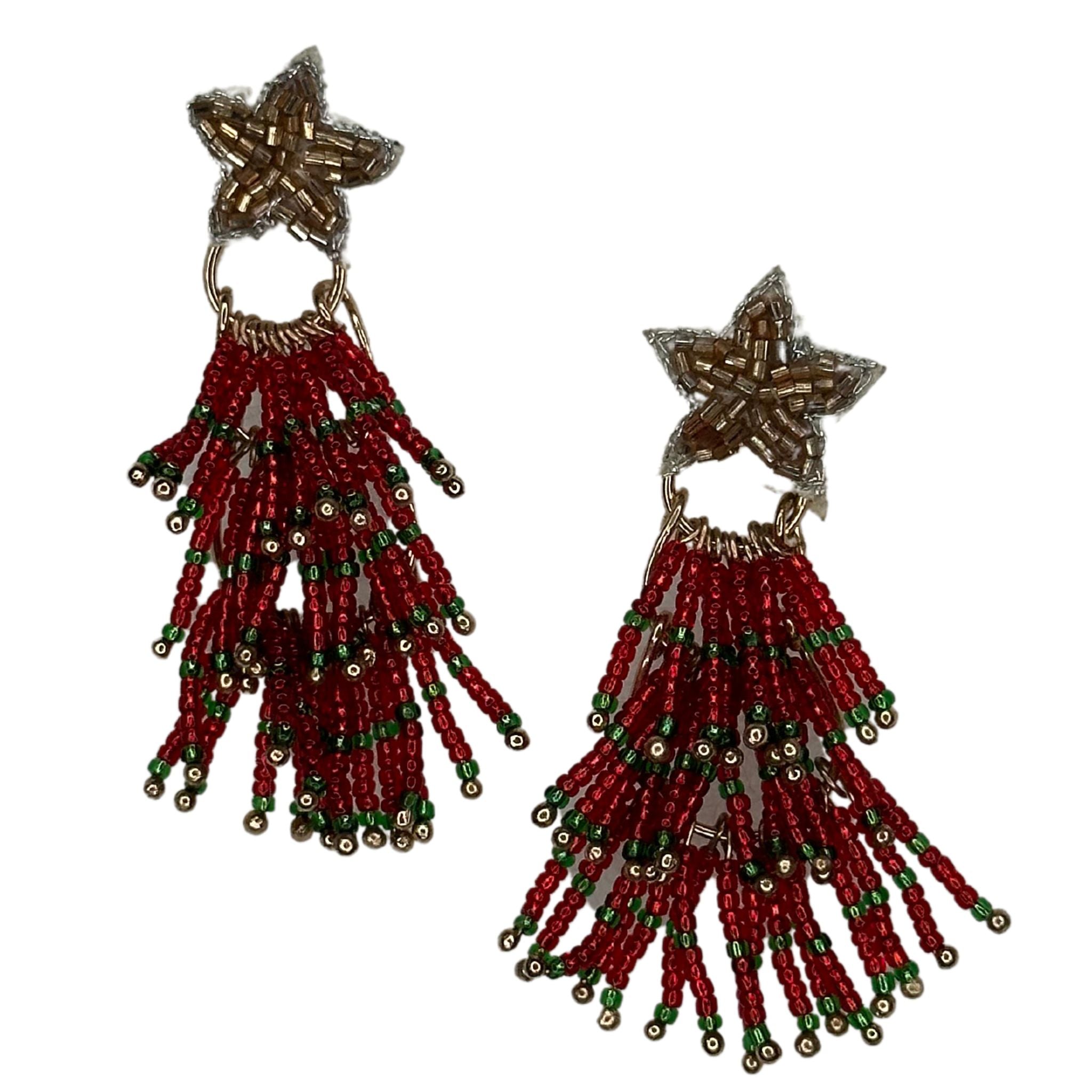Christmas Tree & Star Tassel Earrings - Red