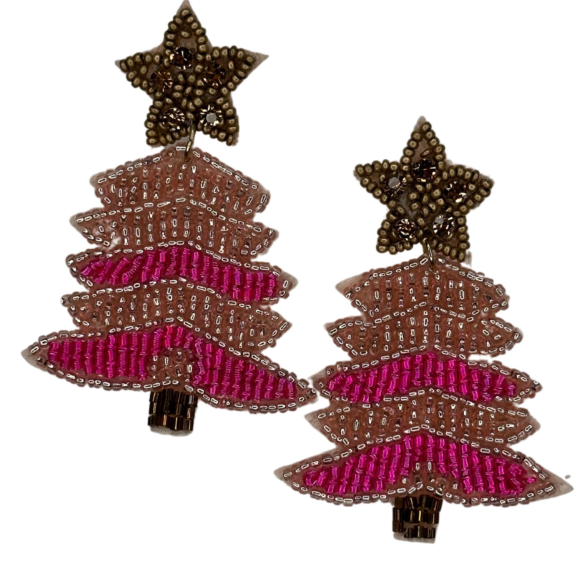 Beaded Christmas Tree Earrings - Pink