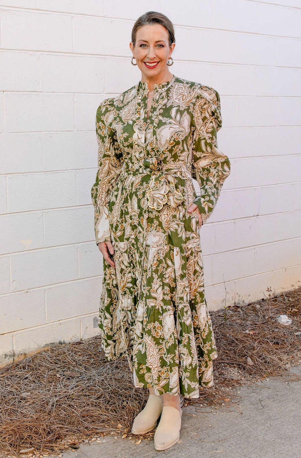 The Jojo Midi Dress in Khaki / Green Paisley - Anna Cate Collection