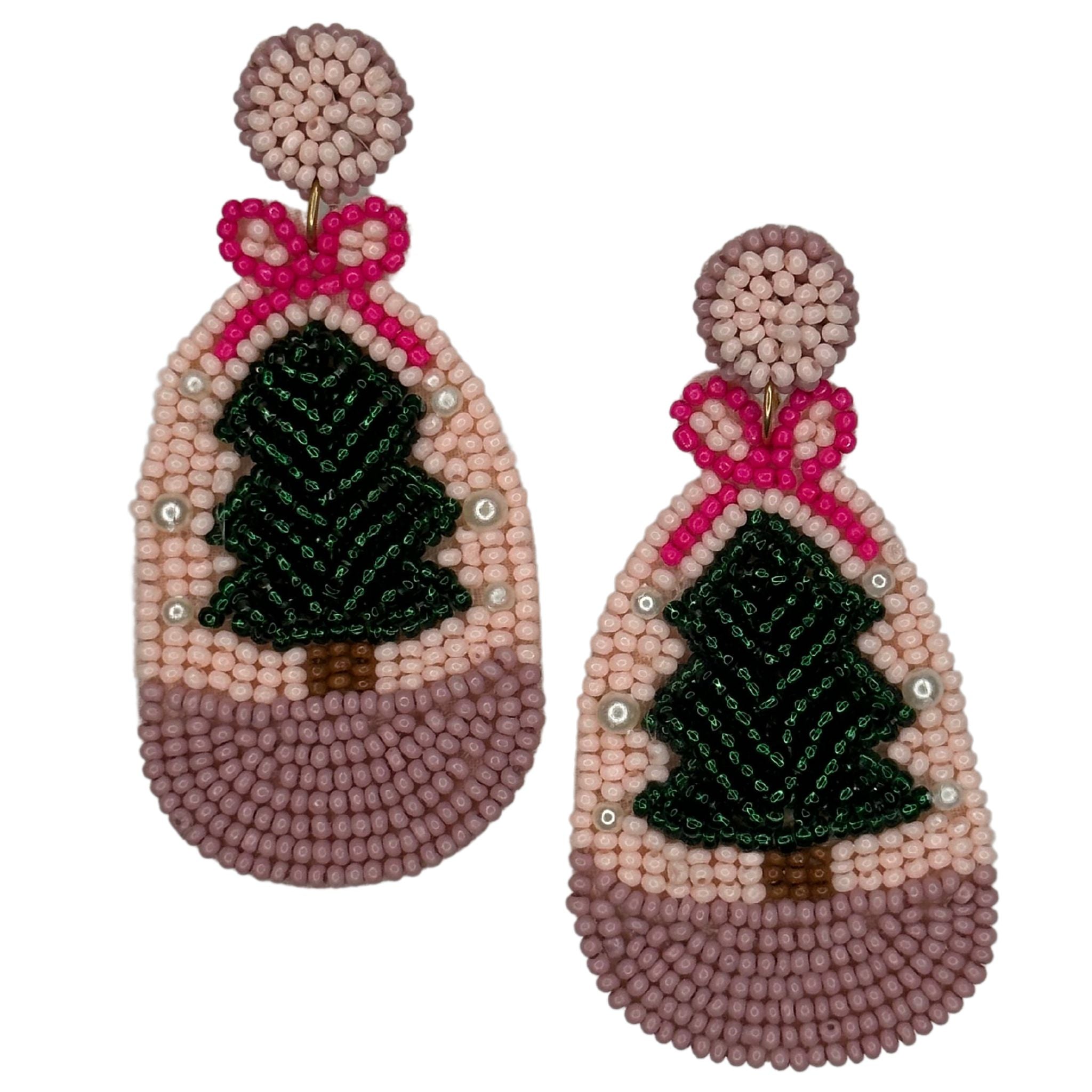 Christmas Tree Snow Globe Earrings - Pink