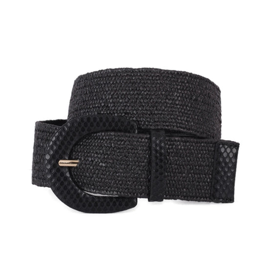 Black Raffia Stretch Belt with Vegan Snakeskin Buckle