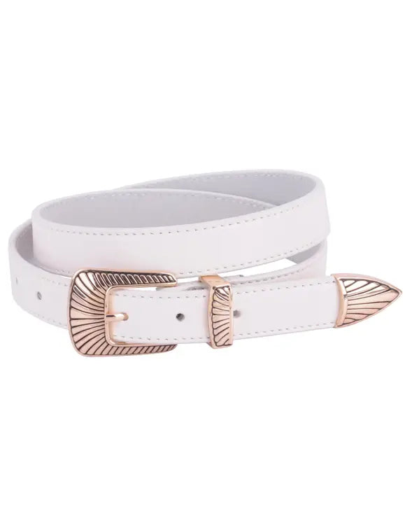 White Leather Belt (Gold Boho Buckle)