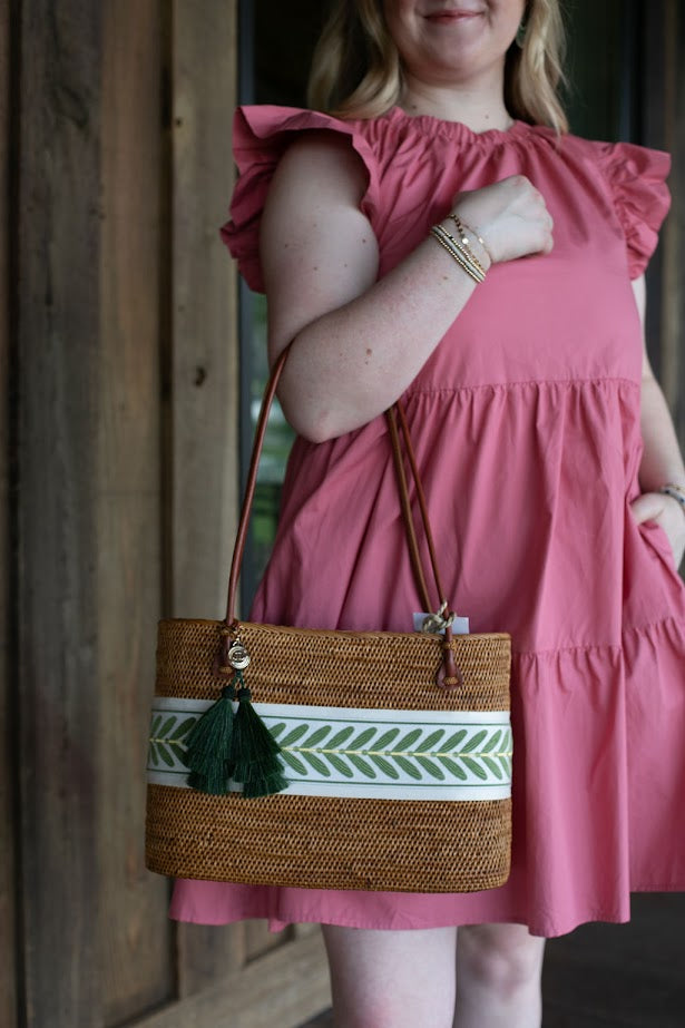 Charlotte Large Bag - Green Leaf Band & Tassel