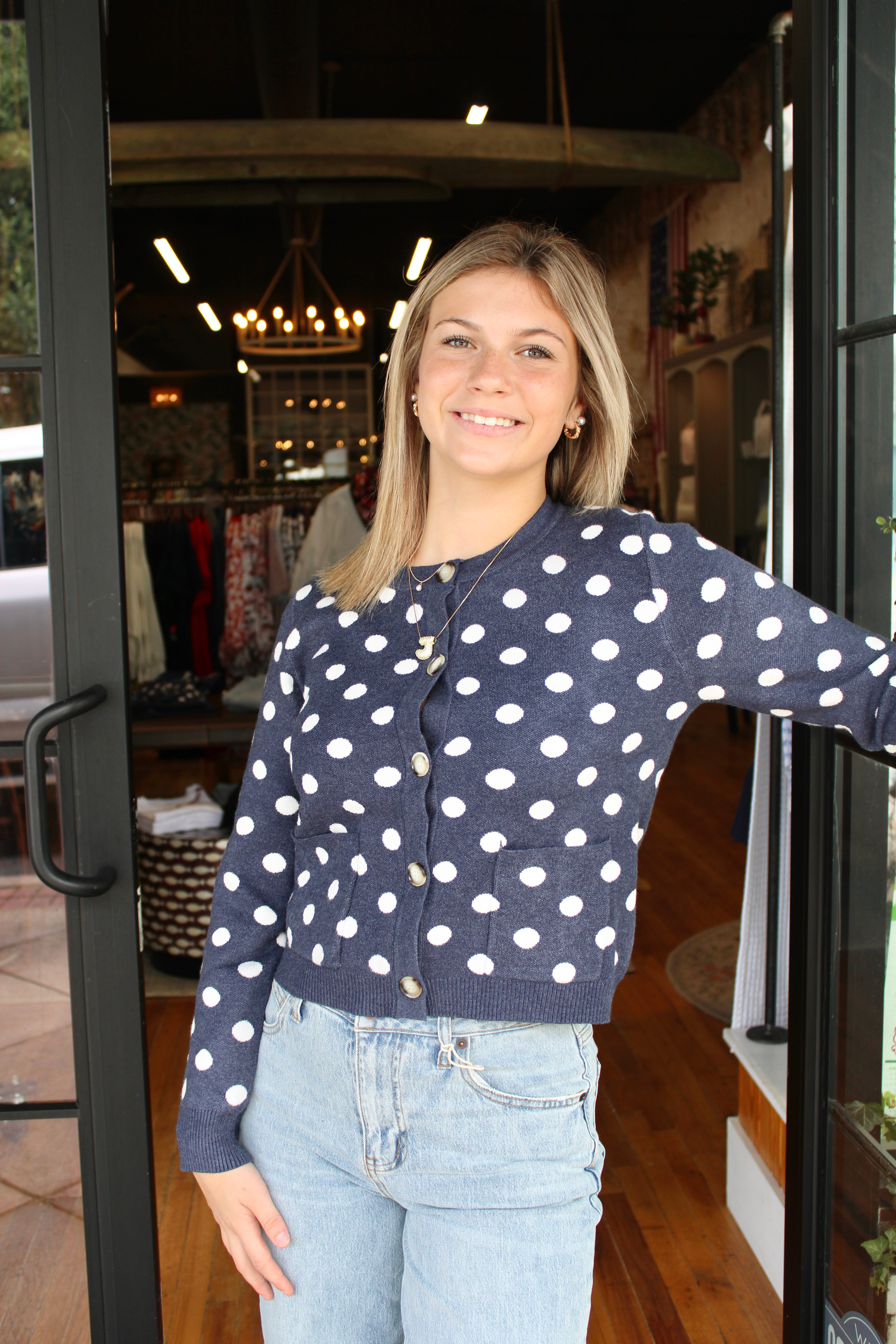 Teddy Cardigan (Navy/Cream Dot)