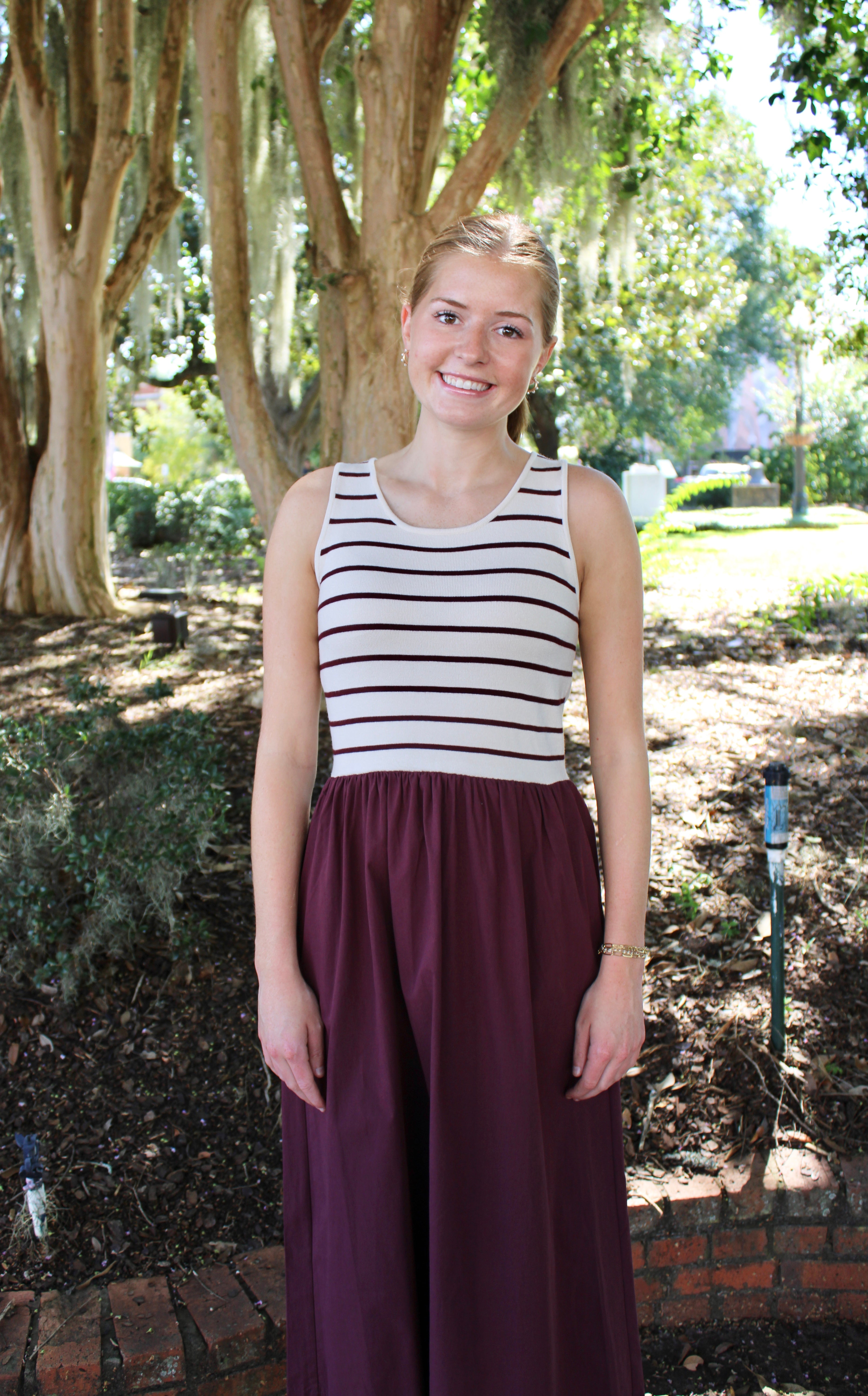 Sharon Dress (Cream/Wine Stripe)