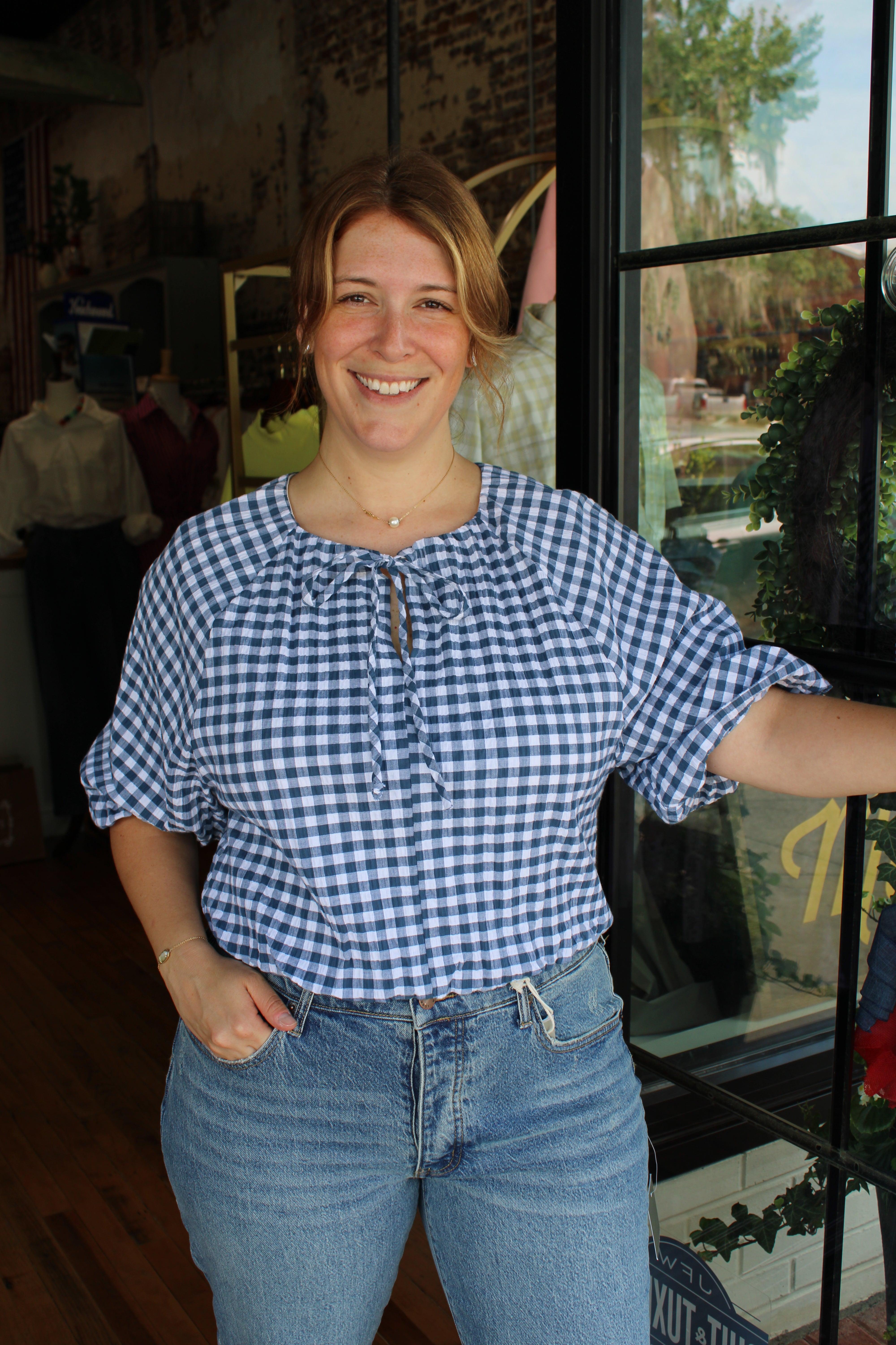Tatum Top - Navy Seer Gingham