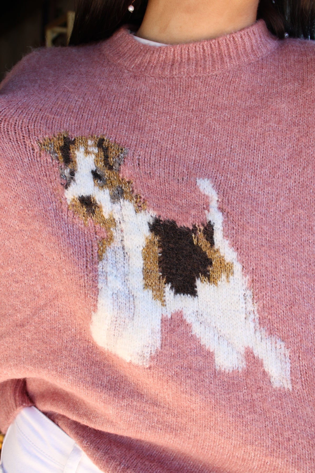 A close-up of a person wearing a dusty pink knit sweater featuring a knitted wirehaired dog graphic in white, brown, and black.